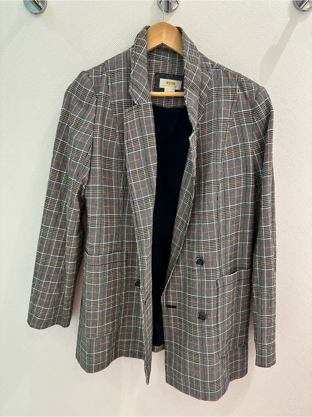 Maeve Gray Plaid Double-Breasted Blazer with Pink Accents